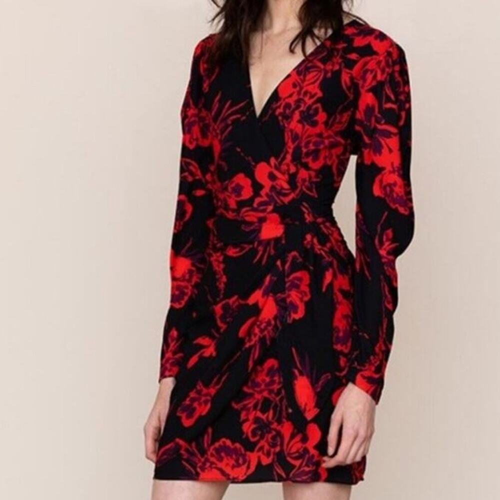 Yumi Kim NEW Southside Black & Red Floral V-Neck Puff Sleeve Mini Dress Small